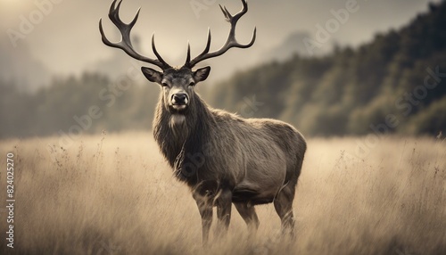 A majestic stag with large antlers stands in a grassy field on top of a mountain.