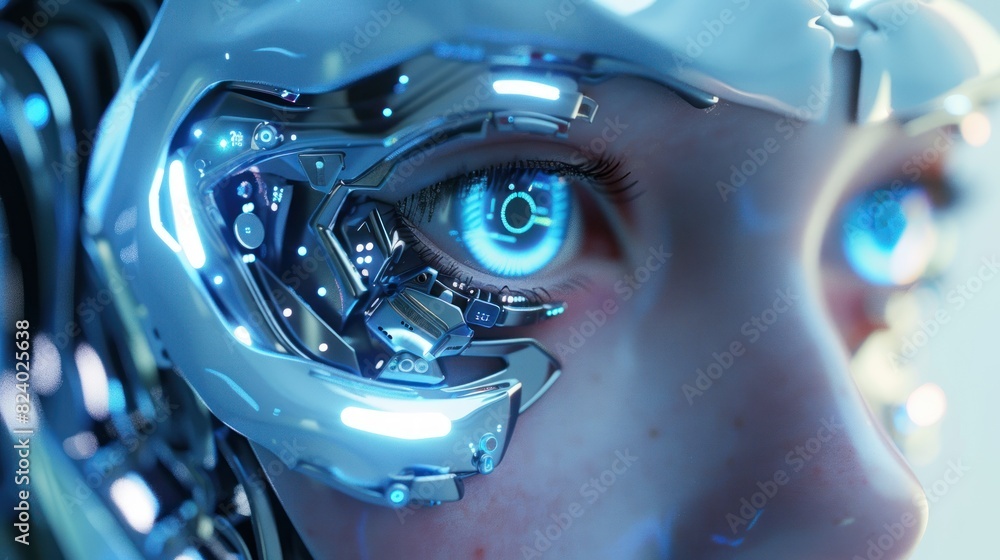 3d rendering futuristic cyborg face with virtual technology robotic display in her eyes. Generate AI