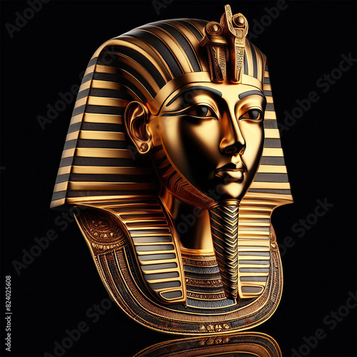Golden mask of pharaoh Tutankhamon isolatd on black reflective background. photo