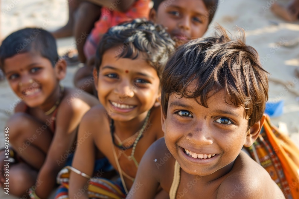 Portrait of a group of Indian kids on the beach