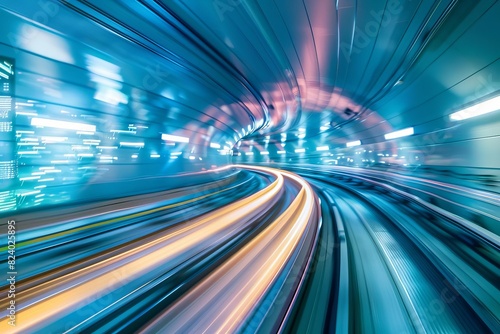 dynamic motion blur of futuristic train speeding through illuminated tunnel in tokyo japan