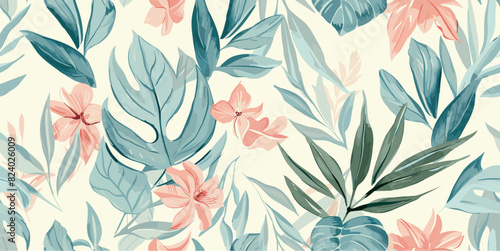 Elegant pattern with hand drawn tropical leaves and flowers in teal  pink  and blue pastel colors on cream background. Trendy spring  summer print dress pattern. Beautiful floral motif. Flat design