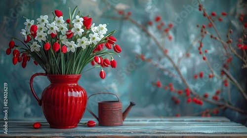 Snowdrop flowers on the table in a vase, watering can, red and white symbol of Martenitsa holiday Martisor, Baba Marta, still life, postcard 