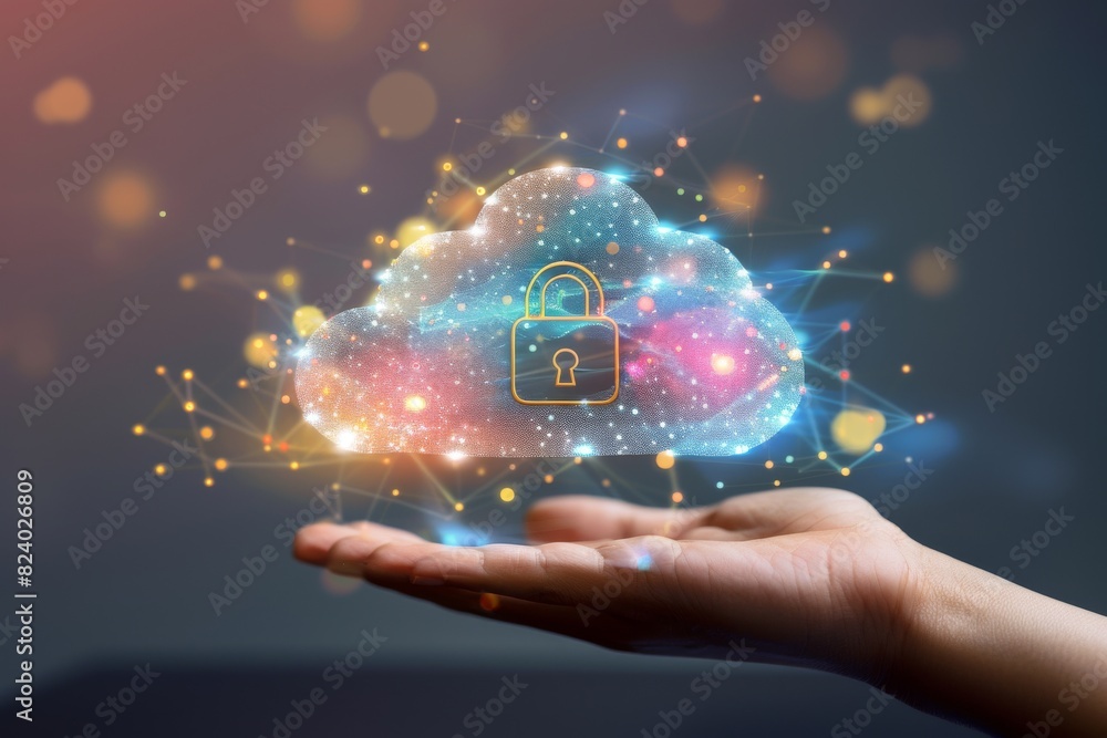 Hand presenting a glowing cloud with secure lock icons, symbolizing innovative cloud technology and advanced data protection measures Hand presenting a glowing cloud with secure lock icons, symbolizing innovative cloud technology and advanced data protection measures
