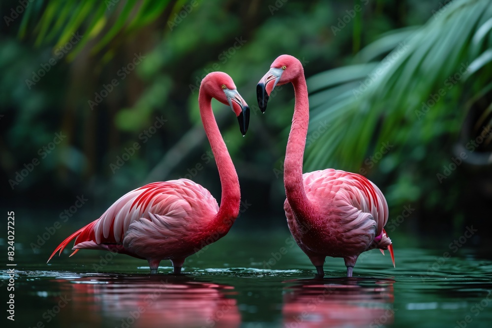 Fototapeta premium two flamingos stand together in affection