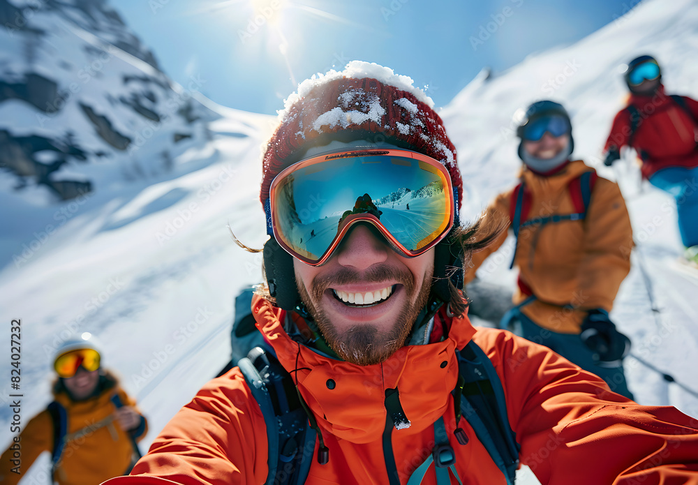 Snowboarders against the backdrop of mountains Snowboarders against the backdrop of mountains