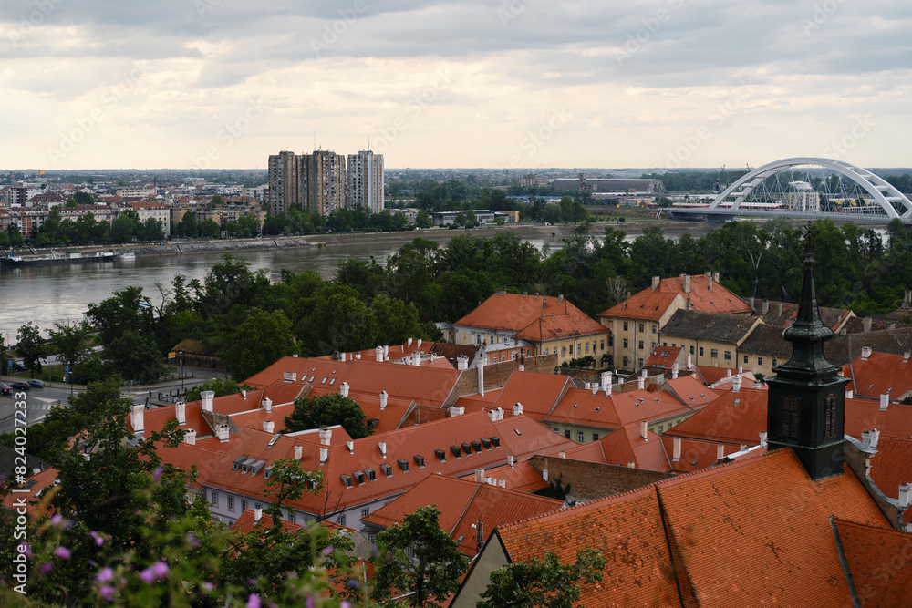 Obraz premium Beautiful panoramic view of the red tiled roofs of houses and church in Novi Sad, Serbia. A cozy European town in the Balkans. View from Petrovaradin fortress. Spring wildflowers in the foreground.