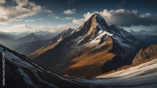 A mountain landscape with a cloudy sky and a snowy mountain in the background.