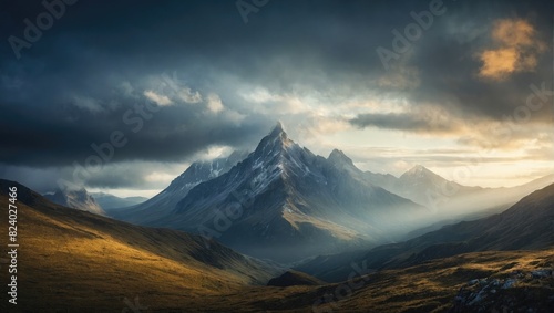 A mountain landscape with a cloudy sky and a snowy mountain in the background.