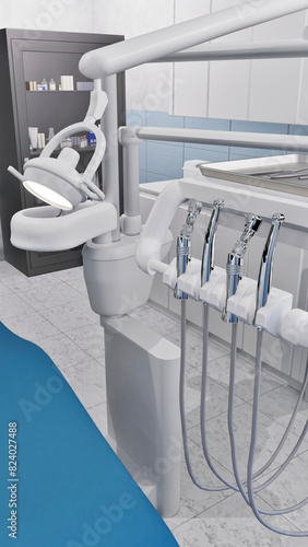 Close-up vertical shot of modern dentist equipment and tools in empty interior clean dental clinic office. Minimalistic dentistry operating surgery room. With no people 3D illustration from my render.
