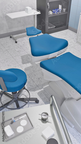 Empty dentist workplace - dental unit, comfortable chair and tools in bright clean interior of medical clinic office. Dentistry surgery room with modern equipment. With no people 3D illustration.