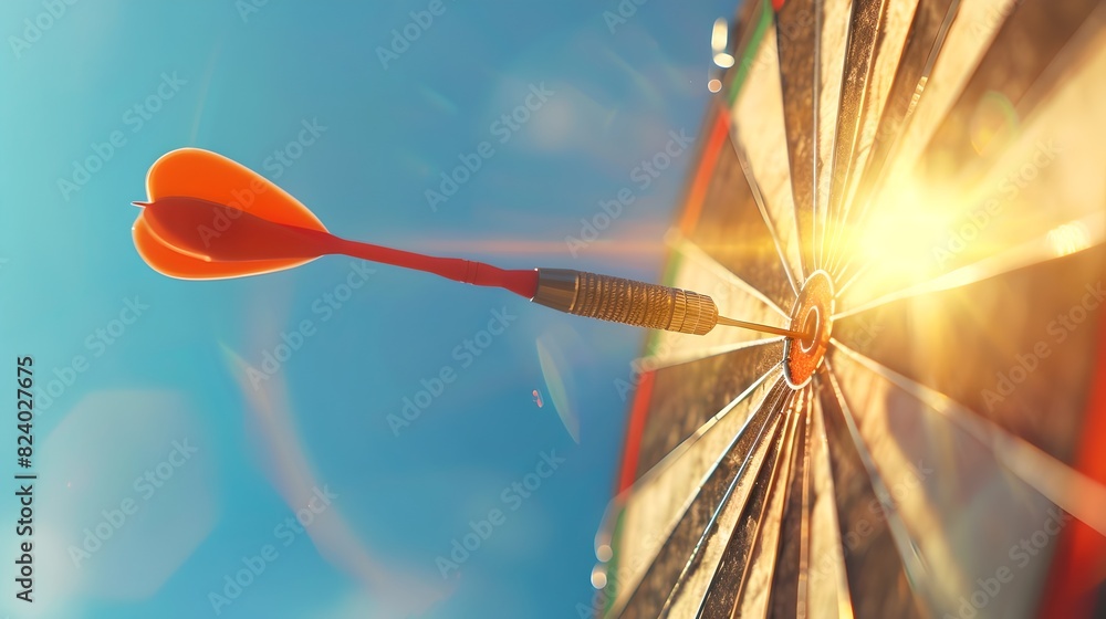 Red dart hitting bullseye on dartboard in sunlight. Perfect shot concept with bright golden light. Ideal for business success and goal-setting themes. AI Red dart hitting bullseye on dartboard in sunlight. Perfect shot concept with bright golden light. Ideal for business success and goal-setting themes. AI