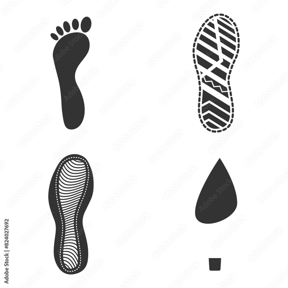 Set of humans footprint. Footprints silhouettes foot and shoes isolated on white background, such as idea of logo in gray. Stock vector for your design. EPS10. Set of humans footprint. Footprints silhouettes foot and shoes isolated on white background, such as idea of logo in gray. Stock vector for your design. EPS10.