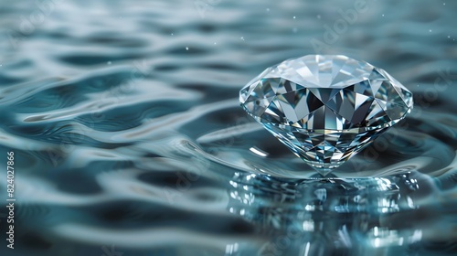 Sparkling diamond floating on a serene water surface. Beautiful jewel on ripple effect. AI