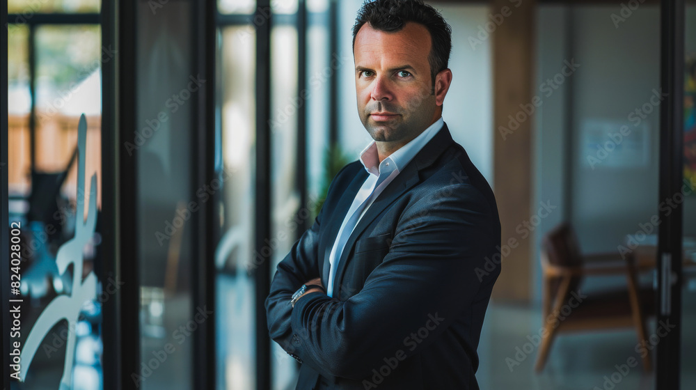 A man in a suit stands in front of a window with his arms crossed A man in a suit stands in front of a window with his arms crossed