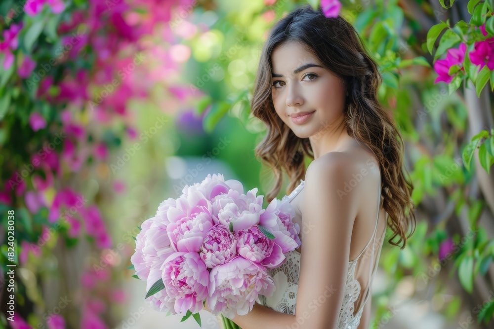 Fototapeta premium beautiful hispanic woman with pink peonies bouquet in the park on vacation near bougainvillea in bloom