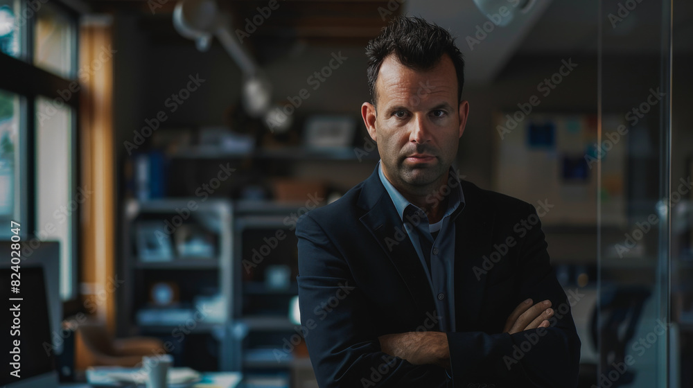 A man in a suit stands in front of a window with his arms crossed