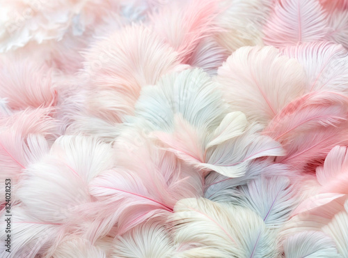 A myriad of delicate pink and blue feathers intermingling in a graceful dance, creating an abstract and enchanting background.