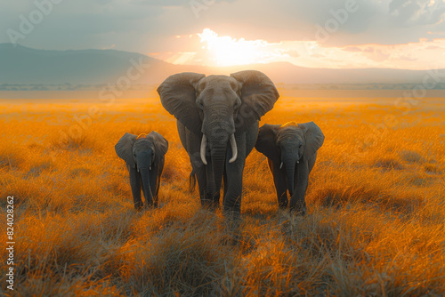 A family of elephants trekking through the African savanna, displaying maternal care and social bonds. Concept of wildlife conservation and elephant protection. Generative Ai.