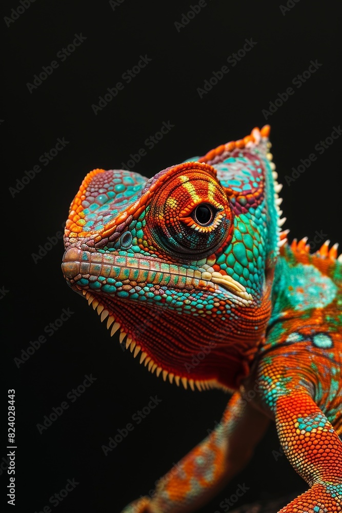 Mystic portrait of Chamaeleo calyptratus in studio, copy space on right side, Anger, Menacing, Headshot, Close-up View Isolated on black background Mystic portrait of Chamaeleo calyptratus in studio, copy space on right side, Anger, Menacing, Headshot, Close-up View Isolated on black background
