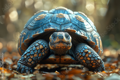 A lumbering tortoise plodding along the forest floor, its ancient shell providing protection from predators. Concept of longevity and slow-paced life. Generative Ai. photo
