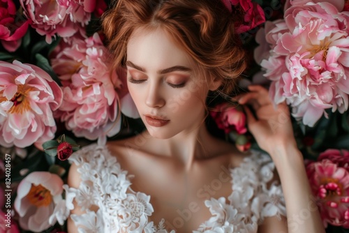 beautiful woman with pink peony flowers closeup beauty glamour portrait, bride on floral background, wedding stylist