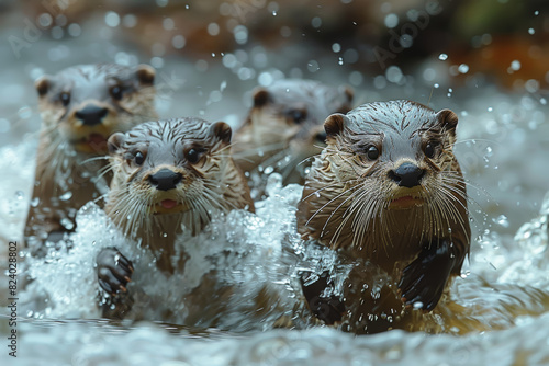 A group of playful otters frolicking in a freshwater river, sliding down muddy banks and chasing each other in the water. Concept of aquatic mammals and social interaction. Generative Ai. © Sebastian