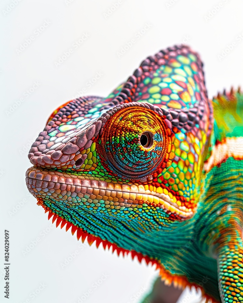 Mystic portrait of Meller's Chameleon, copy space on right side, Anger, Menacing, Headshot, Close-up View Isolated on white background Mystic portrait of Meller's Chameleon, copy space on right side, Anger, Menacing, Headshot, Close-up View Isolated on white background