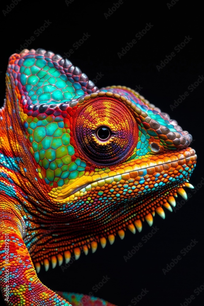 Obraz premium Mystic portrait of Meller's Chameleon in studio, copy space on right side, Anger, Menacing, Headshot, Close-up View Isolated on black background