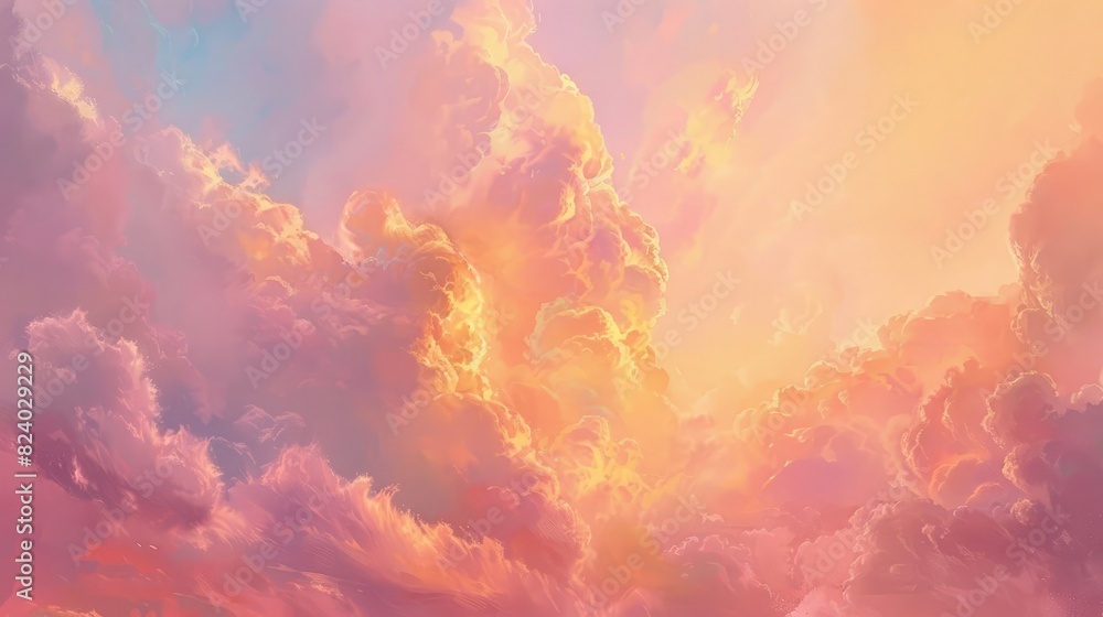 Watercolor pastel sky, wisps of clouds tinged in pink and orange, soft-focus realistic