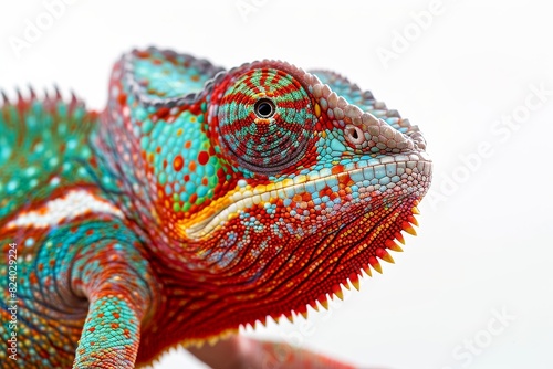Mystic portrait of Meller s Chameleon studio  copy space on right side  Anger  Menacing  Headshot  Close-up View Isolated on white background