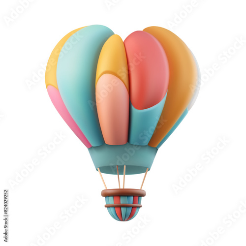 Hotair baloon romantic festival 3d vector illustration. Heart shaped pastel bright love sky travel aerostat. Gas inflated striped flight balloon rising up to air. Cartoon dreamy adventure concept