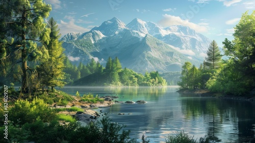 A lake reflecting the surrounding mountains and trees in the background