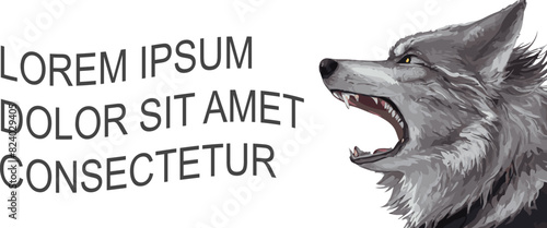 Vector head of of wolf with widely open mouth. Wolf shouts the words flat minimalist poster or banner isolated on white background. Copy space for text photo