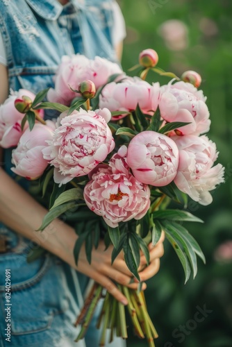 bouquet of pink peonies in hands of woman closeup  peony season bloom