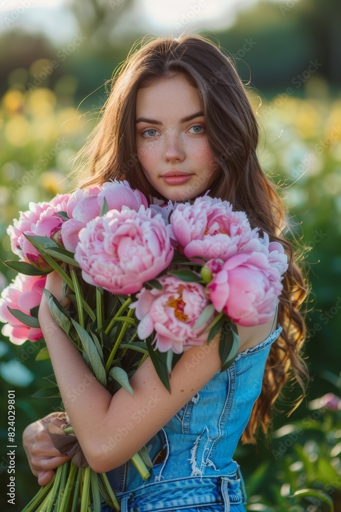 Fototapeta premium beautiful female model with posing peonies in the garden 