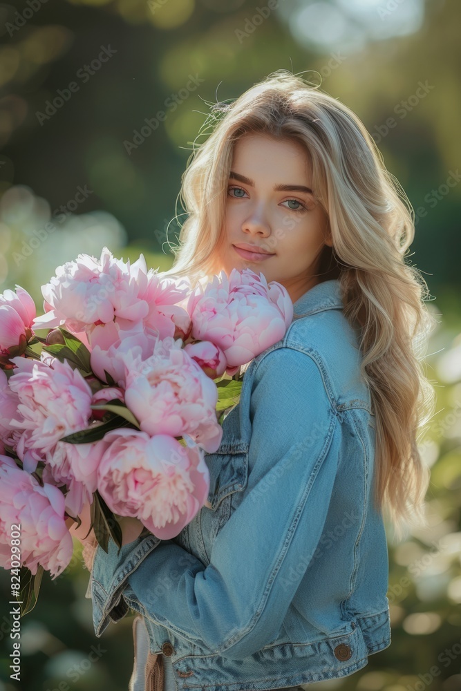 Fototapeta premium beautiful female model with posing peonies in the garden 