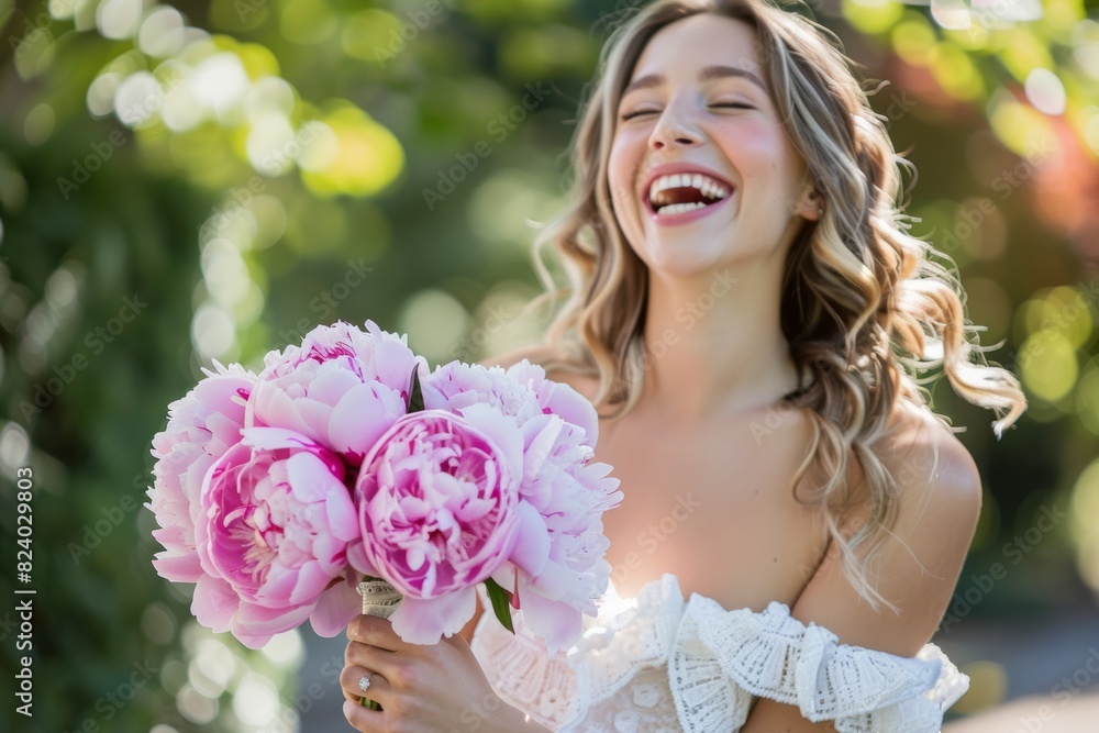 pretty caucasian girl next door smiling with bouquet of peonies in the park on sunny day pretty caucasian girl next door smiling with bouquet of peonies in the park on sunny day