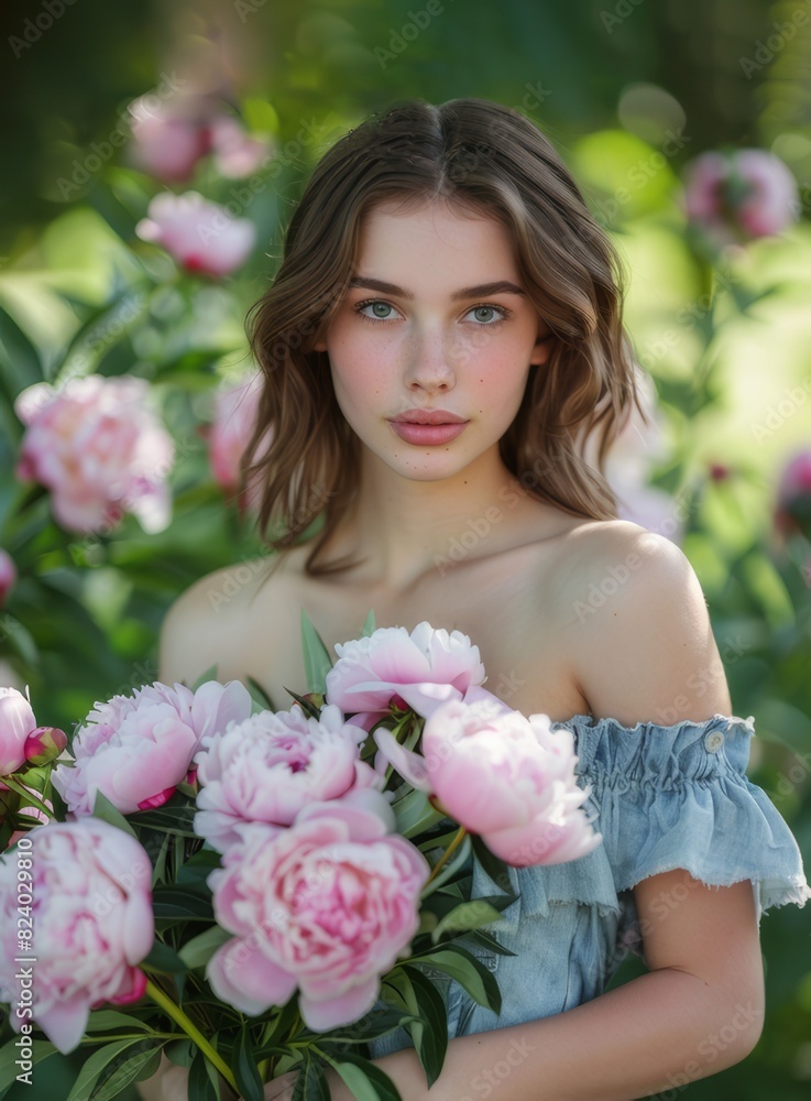 Fototapeta premium beautiful female model with posing peonies in the garden 