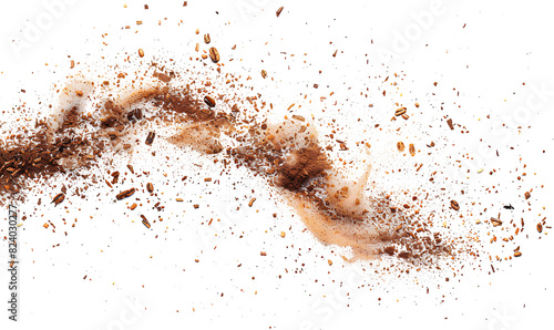 Wood pieces and dust, crushed tree bark isolated on white background, organic texture, top view
