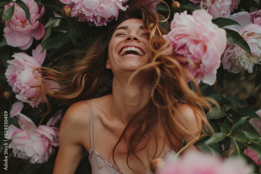 happy woman dancing and being happy, smiling in garden with pink peonies closeup