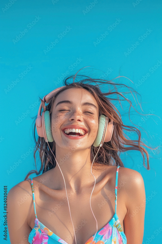 A woman is smiling, wearing headphones, and enjoying music with a joyful expression A woman is smiling, wearing headphones, and enjoying music with a joyful expression