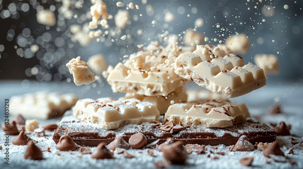 A mountain of chocolate chunks arranged on a sugary-sprinkled table top A mountain of chocolate chunks arranged on a sugary-sprinkled table top