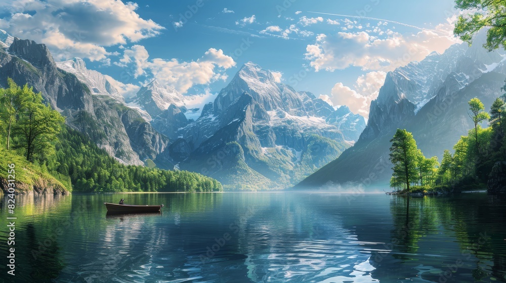 A boat peacefully floats on a lake nestled among towering mountains A boat peacefully floats on a lake nestled among towering mountains