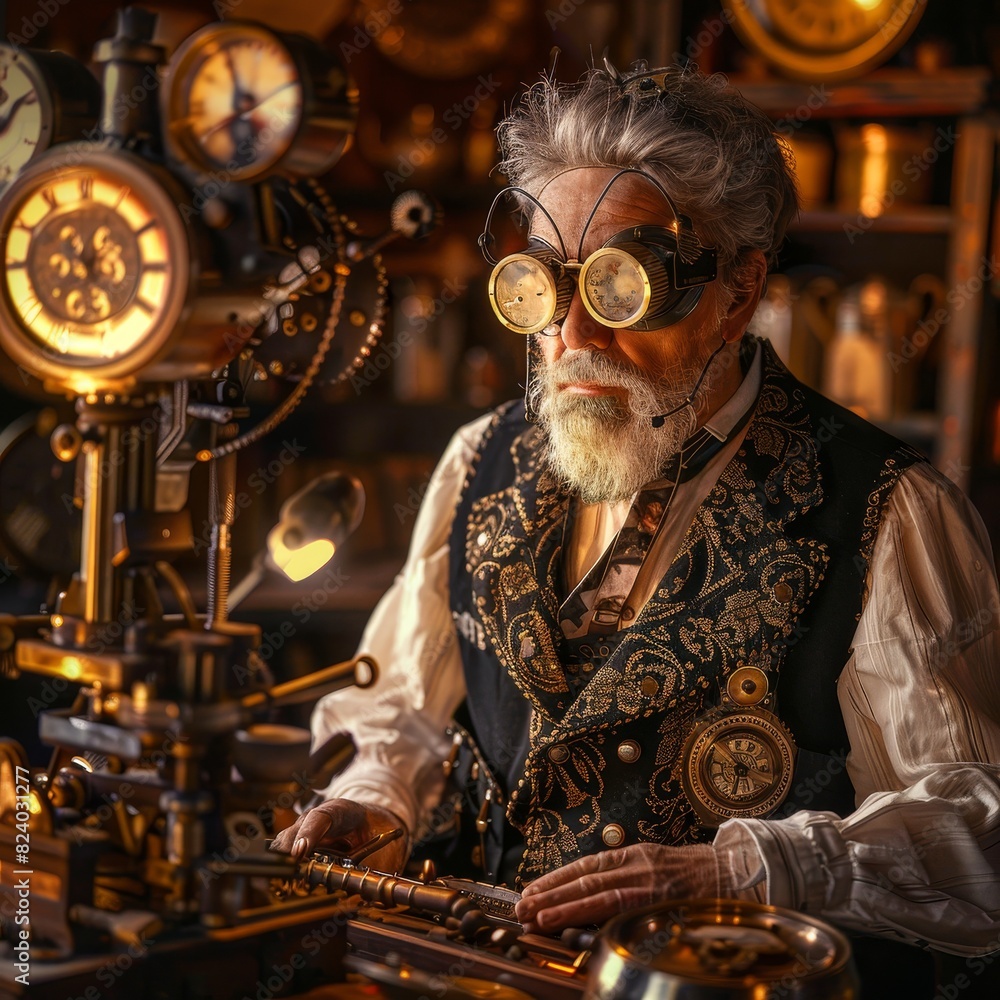 Old Man Engaged in Intricate Clockwork Design in Steampunk Workshop at Dusk Old Man Engaged in Intricate Clockwork Design in Steampunk Workshop at Dusk