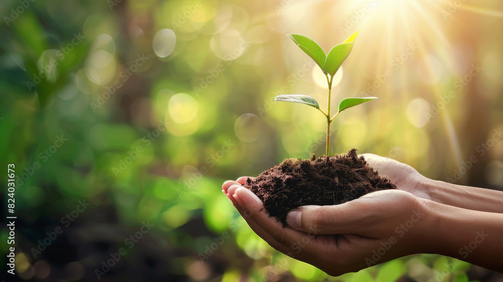 Hands holding young plant in sunshine. Blurred green background at sunset. Environment conservation, reforestation, climate change. Planting and protecting trees to reduce global warming. Hands holding young plant in sunshine. Blurred green background at sunset. Environment conservation, reforestation, climate change. Planting and protecting trees to reduce global warming.