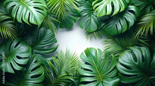 Tropical Green Leaves Background. Lush tropical green leaves forming a natural frame, creating a vibrant and fresh botanical background. photo