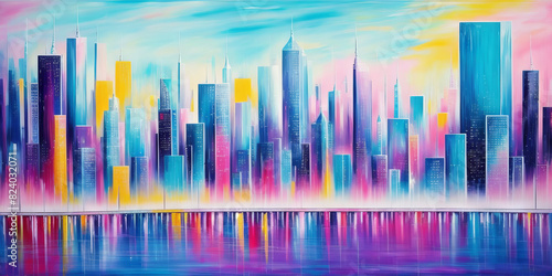 Banner dreamy blue violet and yellow colorful abstract expressionism painting of cityscape. Generated by AI