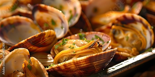 Closeup of steamed clams on a plate. Concept Seafood, Food Photography, Steamed Clams, Culinary Art