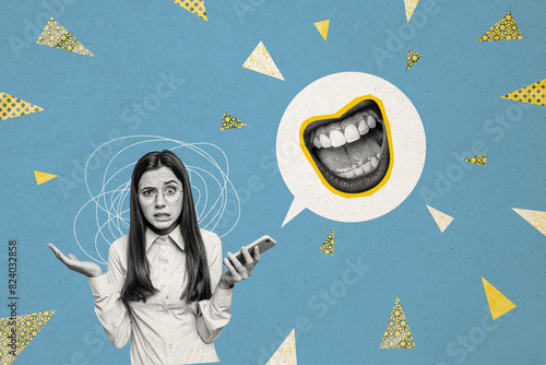 Composite photo collage of young girl hold iphone receive threat message grin mouth cyberbully hate concept isolated on painted background photo